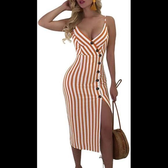 Dresses & Skirts - Bodycon Backless Button Down Spaghetti V Neck Stripe Midi Dress
